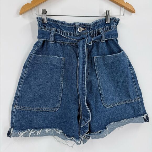 Zara High Waisted Paperbag Denim Shorts With Tie Belt | Size 2 - Picture 1 of 5